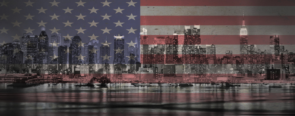 NYC skyline overlaid on US flag.