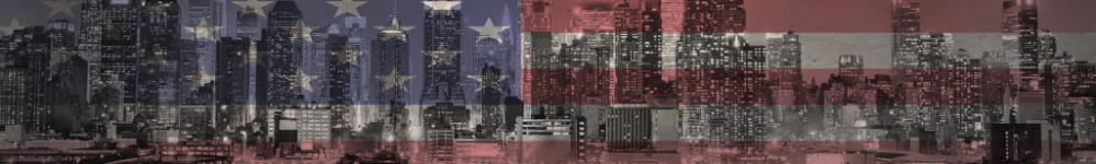 NYC skyline overlaid on US flag.