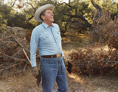 Ronald Reagan, cowboy hat, clearing brush.